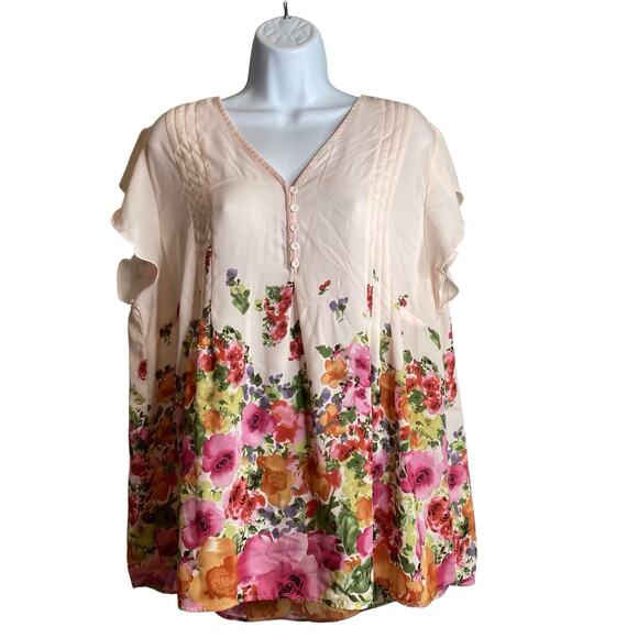 Cynthia Rowley Women's Pink Floral Blouse Size 1X Chiffon Boho Tunic Fairy Flowy - Picture 1 of 12